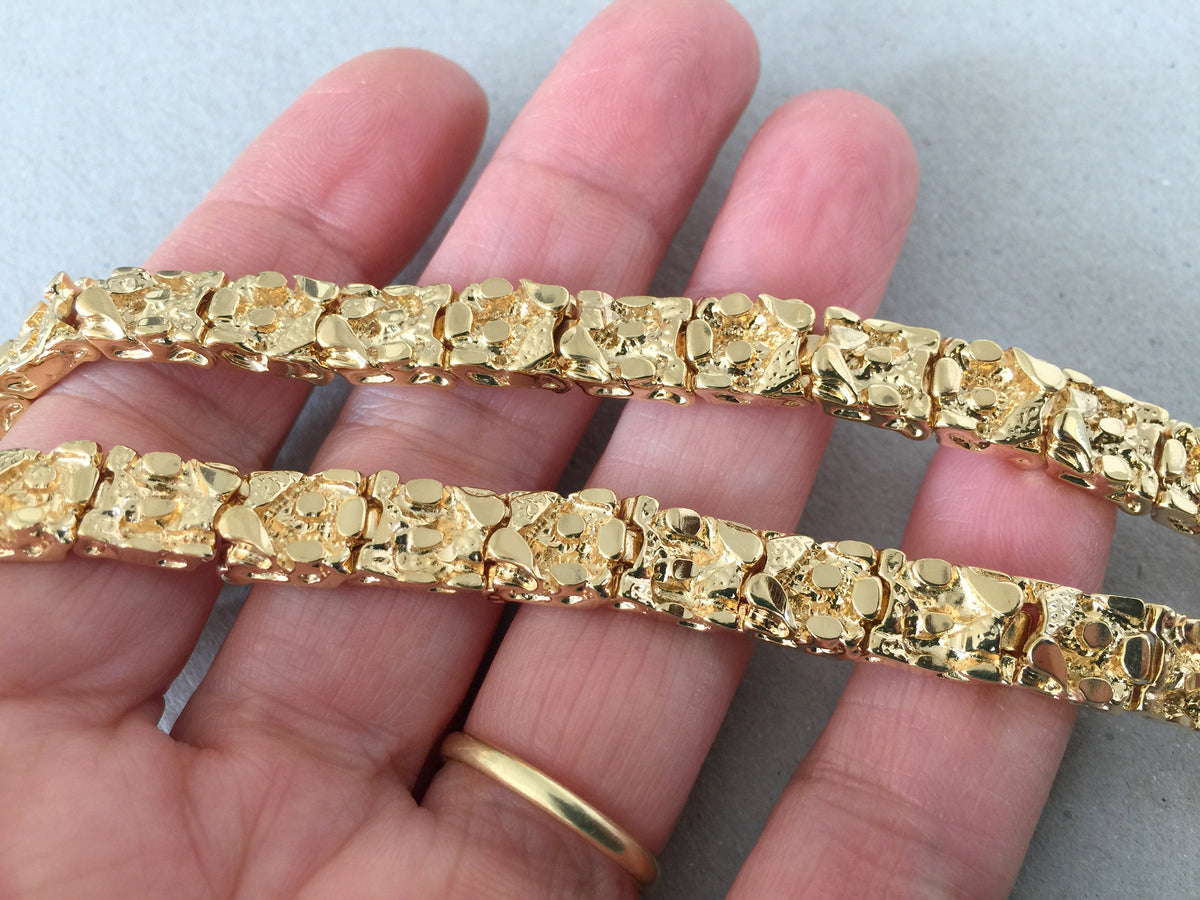 Men's Gold Bracelet, 12mm thick Gold Nugget Cuff Bracelet, Large