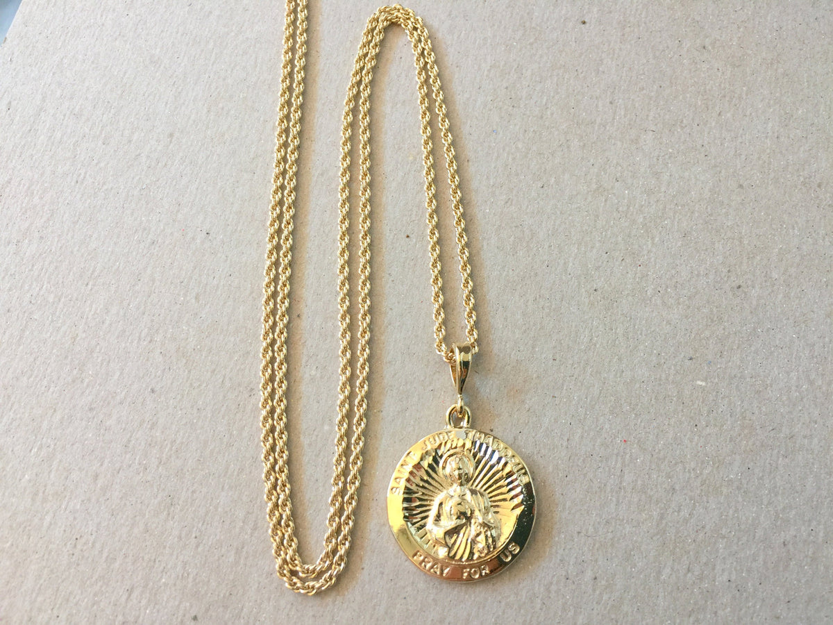 Coin Necklace, Saint Jude Thaddeus Gold Medallion Pendant, Rope Chain, Patron Saint of Desperate and cheapest Lost Causes, Religious Jewelry