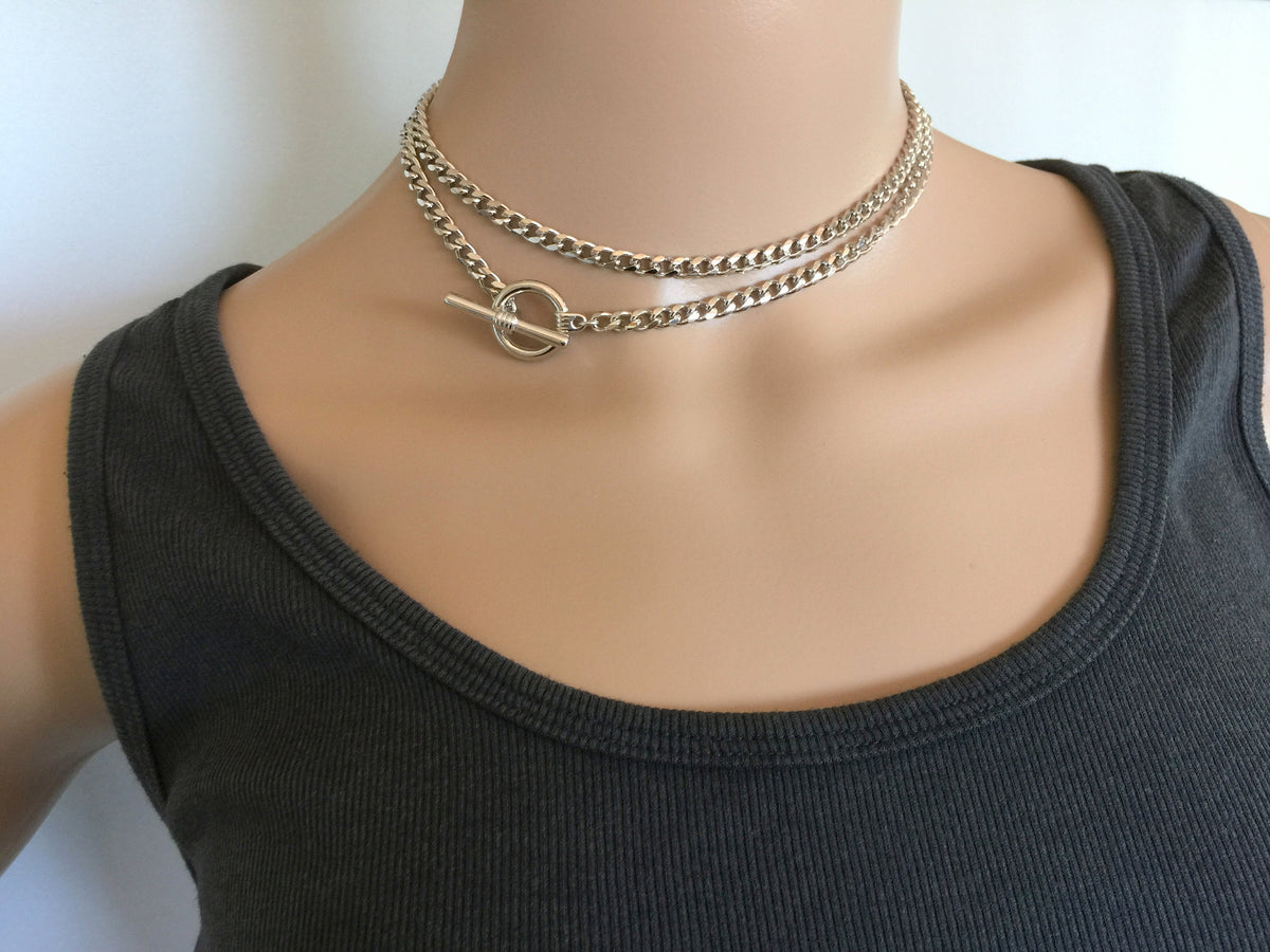 Extra Large Silver Clasp Ring Light Link Chain Choker Womens