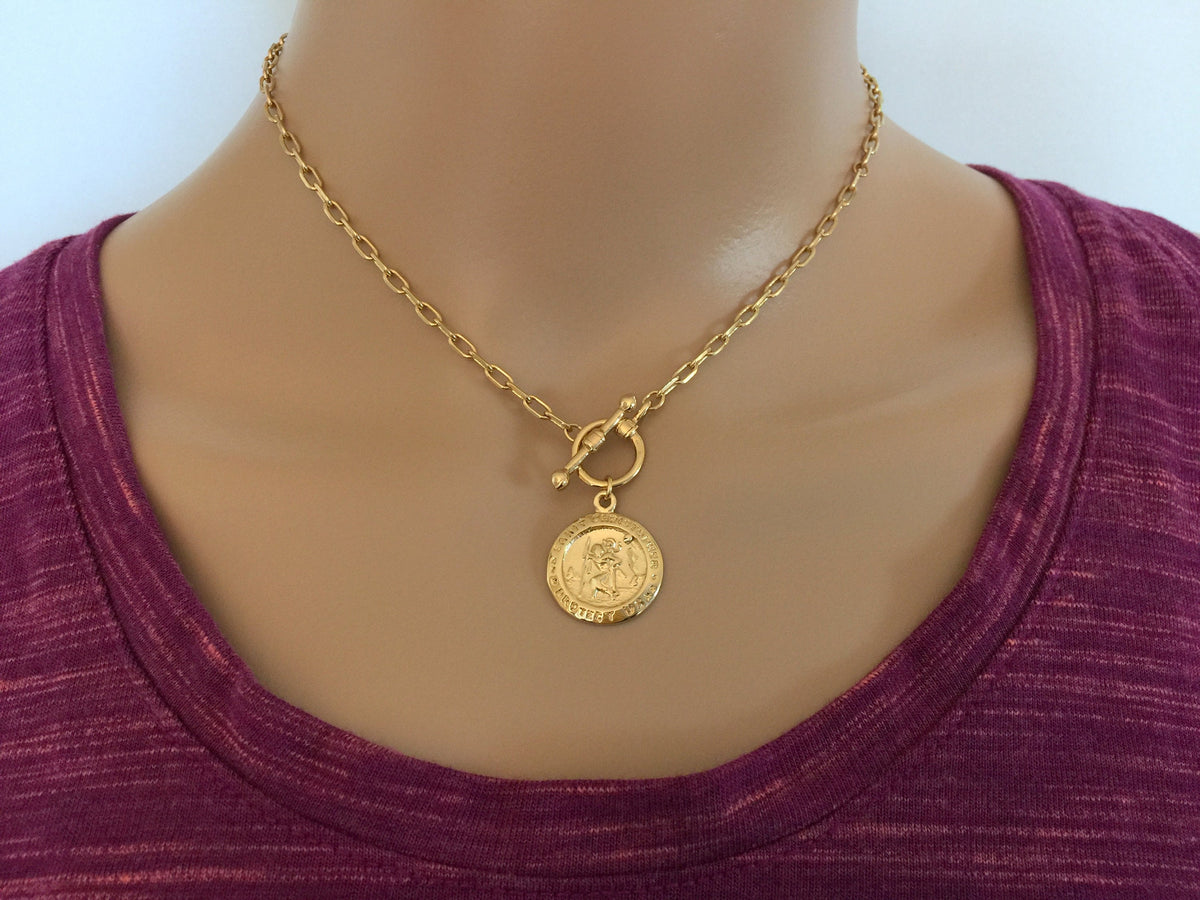 Gold Coin Choker Necklace, Saint Christopher Medal Toggle Clasp