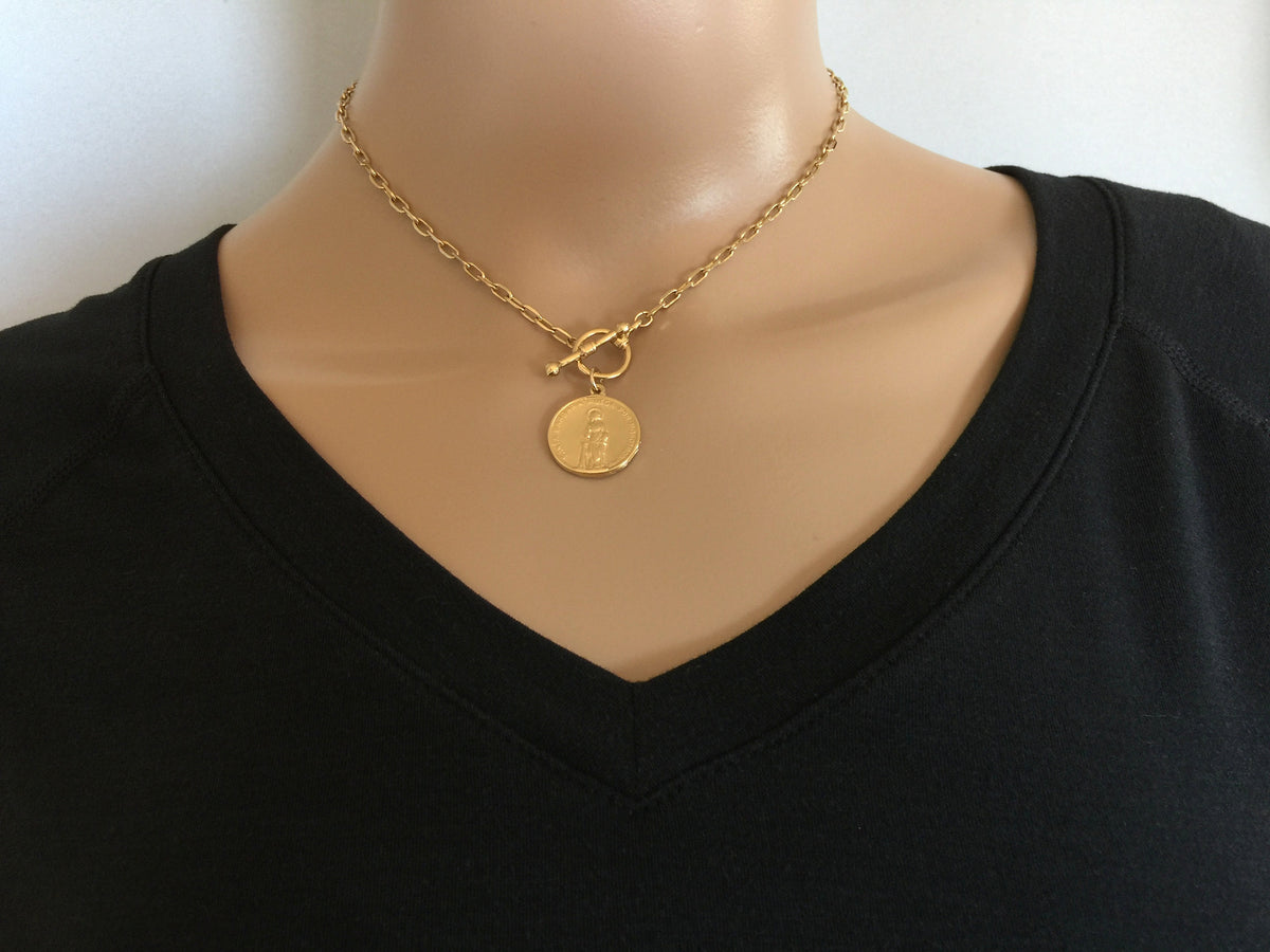 Gold Coin Choker Necklace, Spanish Coin Medallion Pendant with