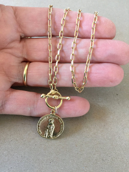 Gold Coin Choker Necklace, Spanish Coin Medallion Pendant with